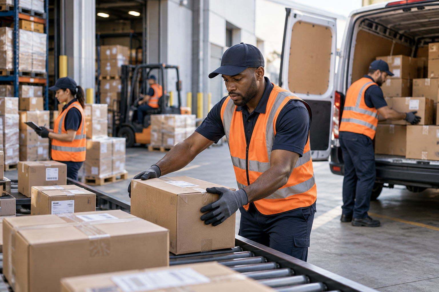 Sky Bridge Xpress logistics team preparing shipments for delivery
